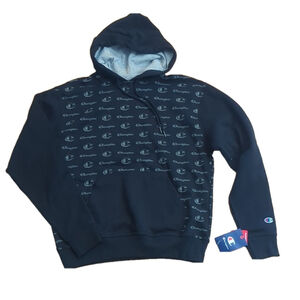 Champion Black Allover Logo Hoodie Sweatshirt Medium NWT